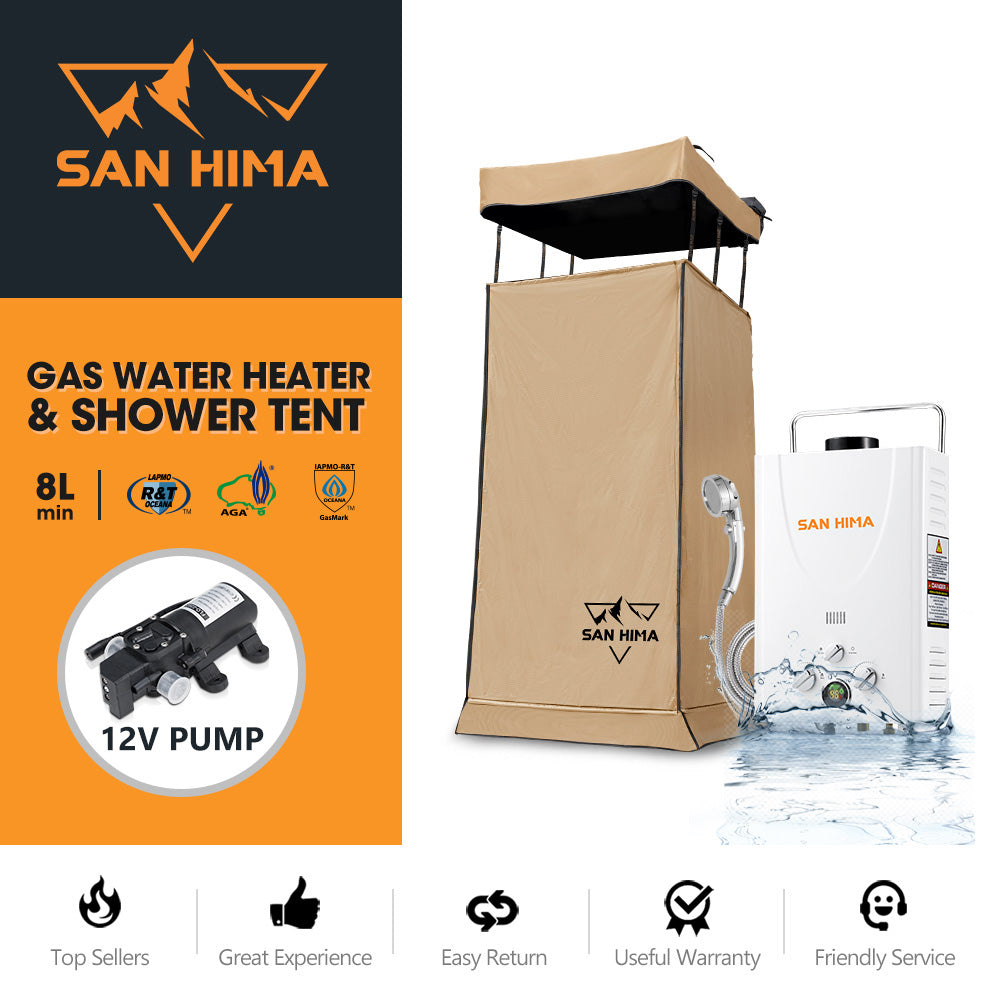 SAN HIMA Camping Awning Shower Tent Fold-Out Instant + 8L Gas Hot Water Heater