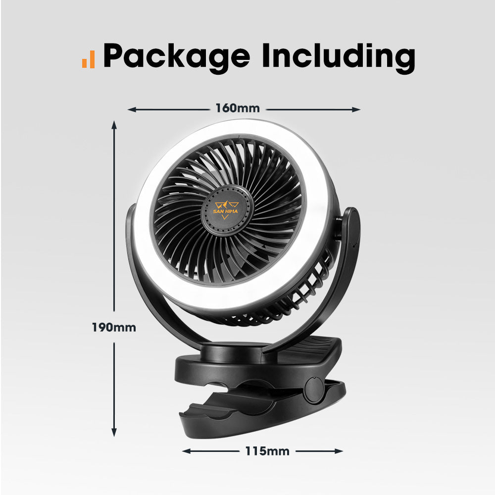 San Hima 10000mAh Portable Camping Fan Clip On Fan Rechargeable With LED Light