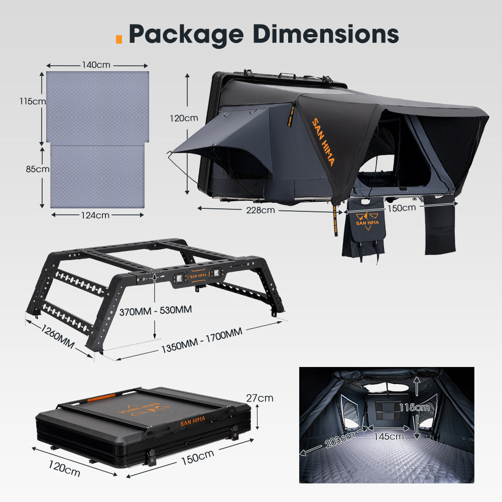 San Hima Jervis Pro Rooftop Tent Hardshell Side Opening+Universal Ute Tub Rack