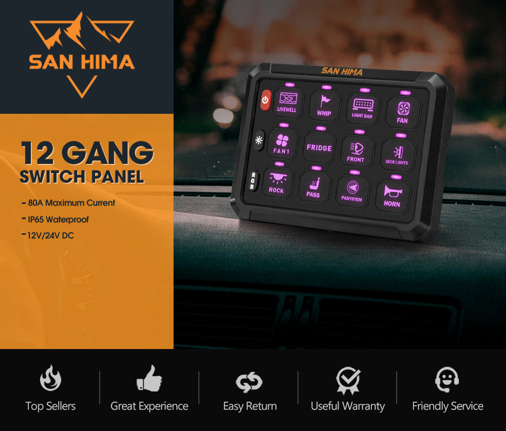 San Hima 12 Gang Bluetooth Switch Panel 12V/24V ON-OFF LED Control For Boat Car