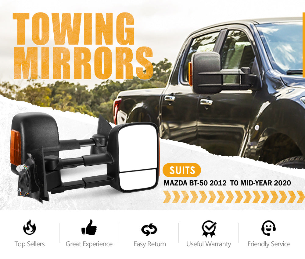 San Hima Extendable Towing Mirrors Gen1 for Mazda BT-50 2012 to Mid-Year 2020 Black