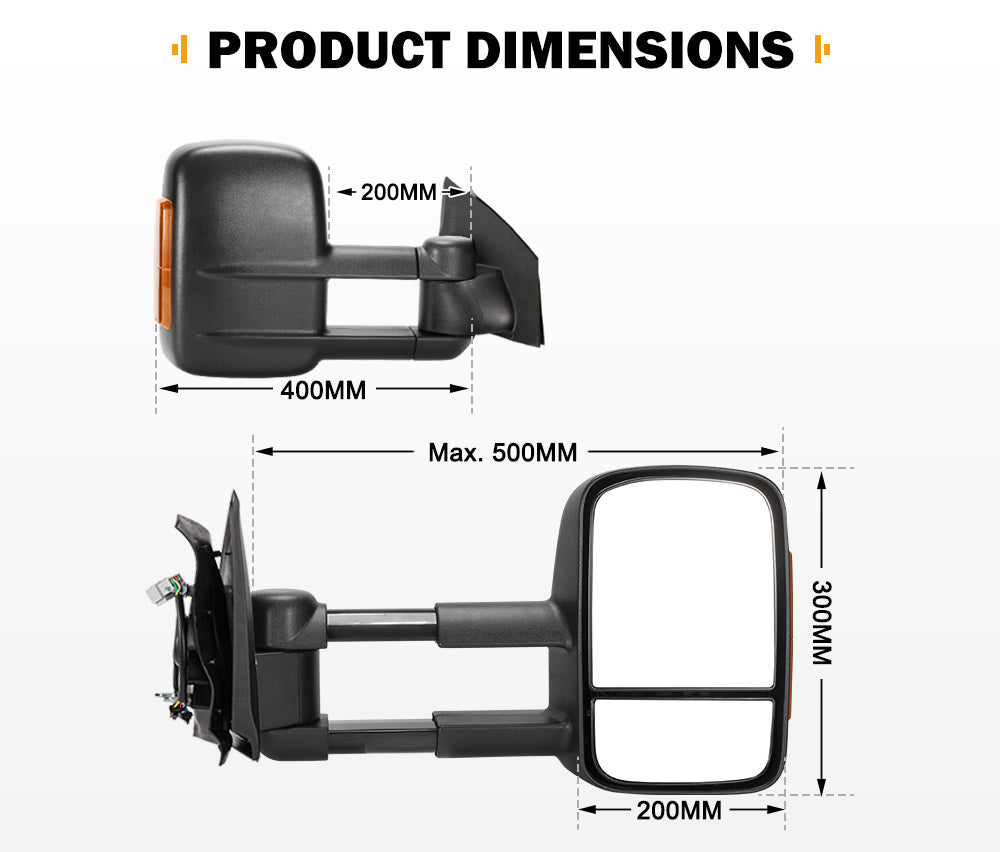 San Hima Extendable Towing Mirrors Gen1 for Mazda BT-50 2012 to Mid-Year 2020 Black