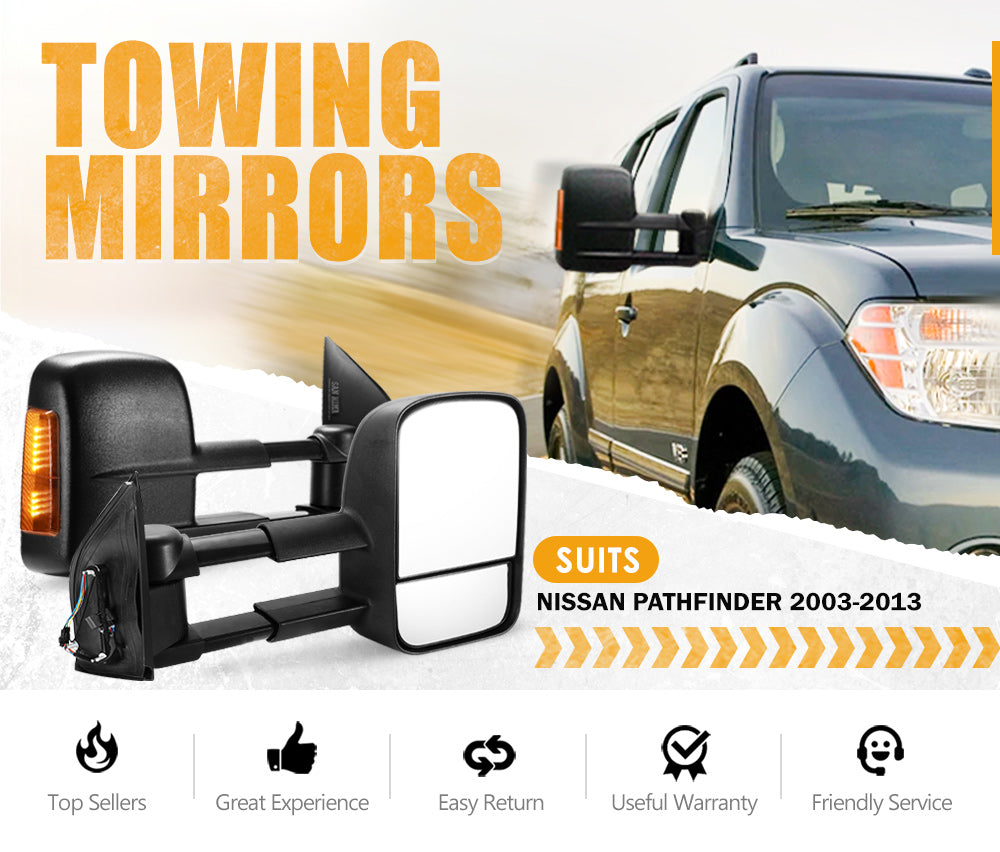 Pair Extendable Towing Mirrors Gen1 for Nissan Pathfinder MY 2003-2013 Black