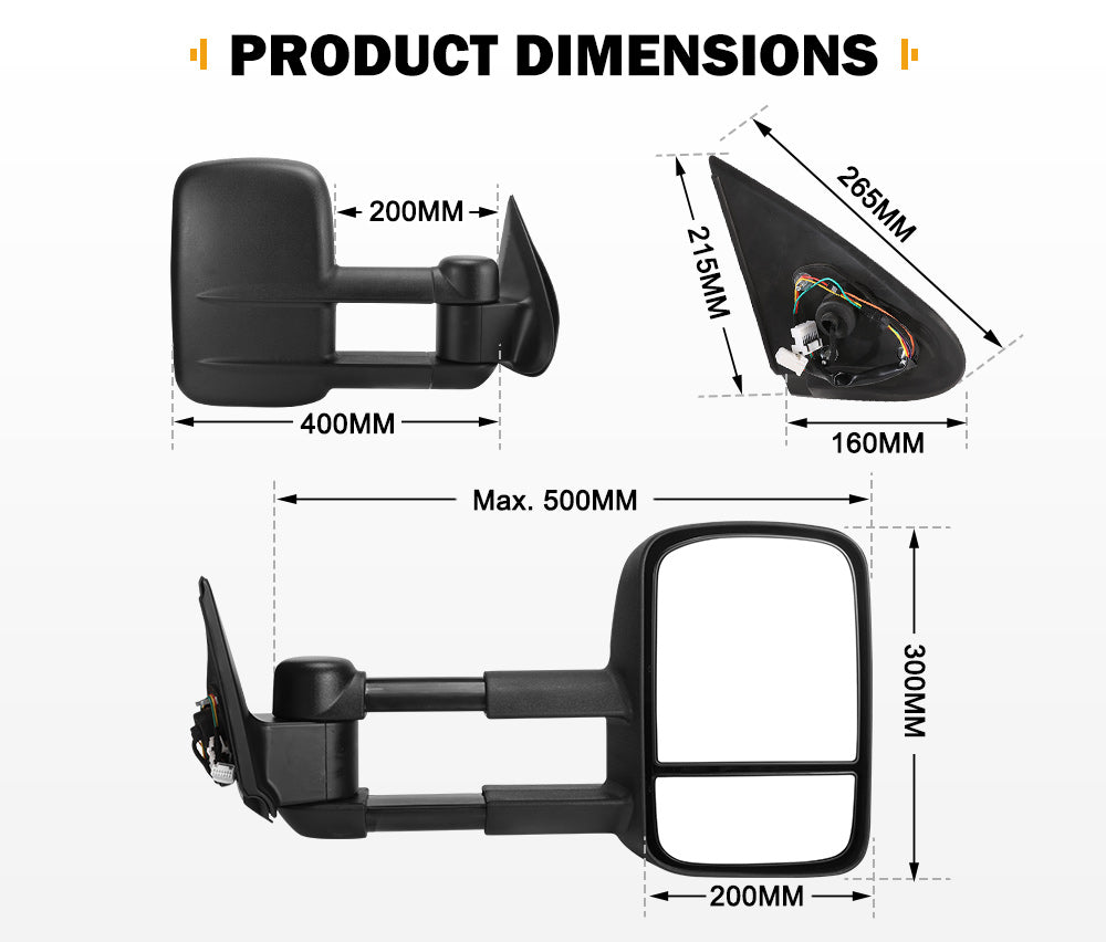 Pair Extendable Towing Mirrors for Gen1 Mitsubishi Triton MQ/MR 2015 - ON Black