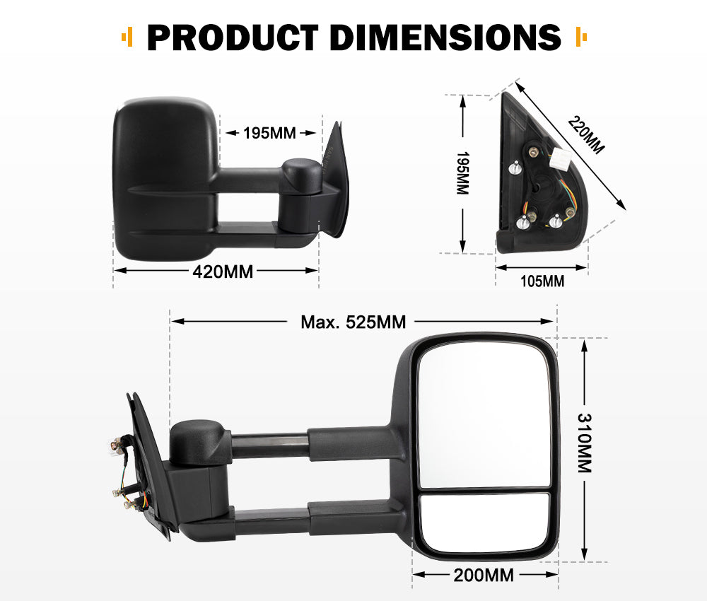 San Hima Pair Extendable Towing Mirrors Gen1 Fit Ford Ranger 2009-2011